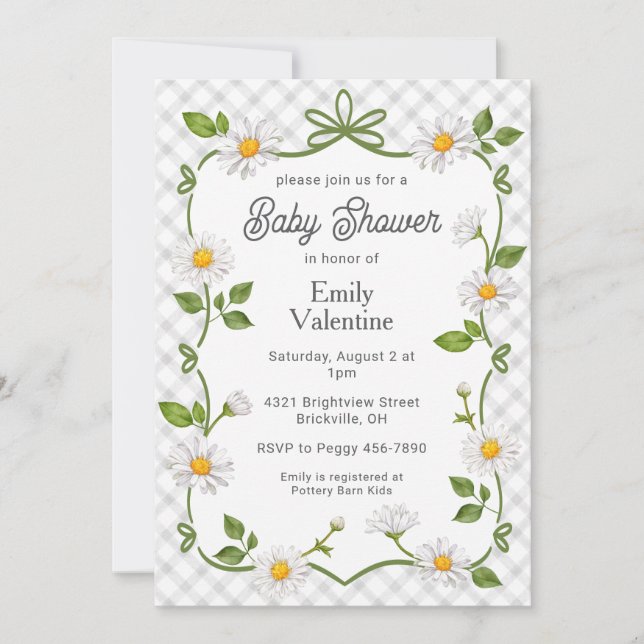 020 Fog Grey Floral Daisy Plaid Baby Shower Inbjudningar (Framsida)