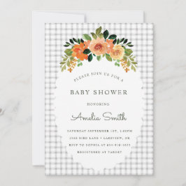 020 Fog Grey Floral Gingham Baby Shower Invitation Inbjudningar