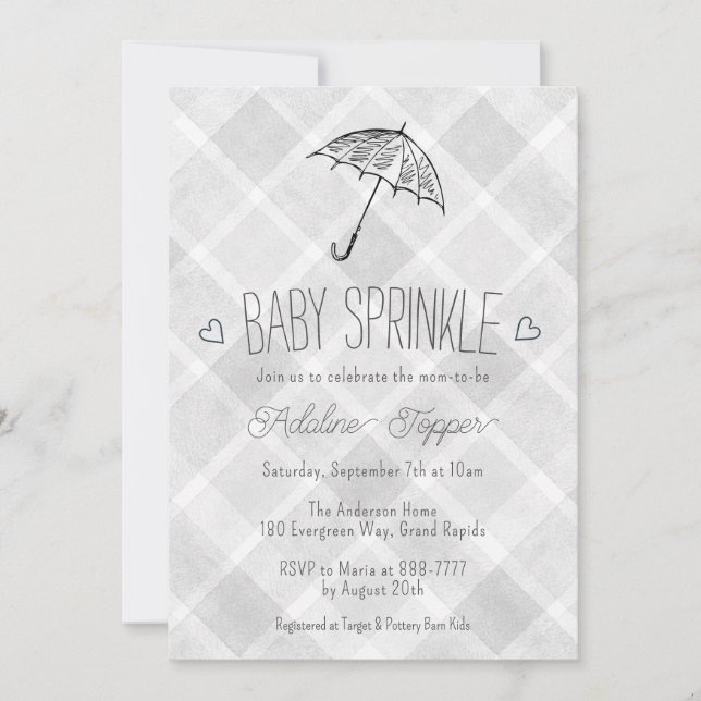020 Grå Plaid Paraply Baby Sprinkle Shower Inbjudningar (Framsida)