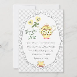 020 Grå Söt Gingham Tekalas Baby Shower Inbjudningar
