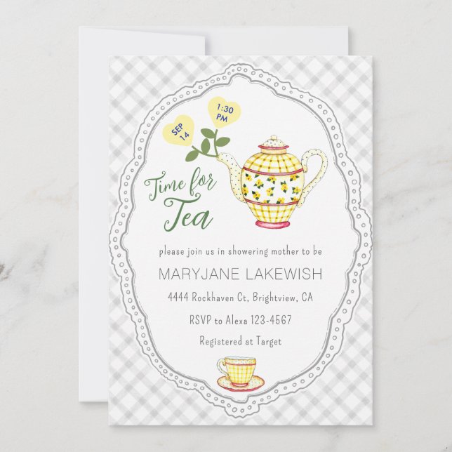020 Grå Söt Gingham Tekalas Baby Shower Inbjudningar (Framsida)
