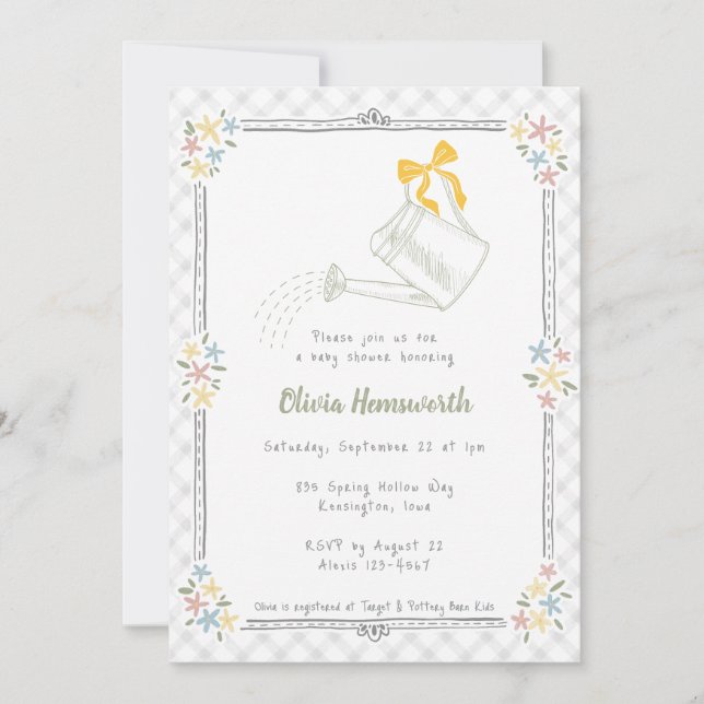 020 Grårutig vattenkanna för baby shower Inbjudningar (Framsida)