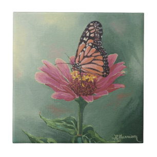 0465 Monarch Butterfly på Zinnia Kakelplatta