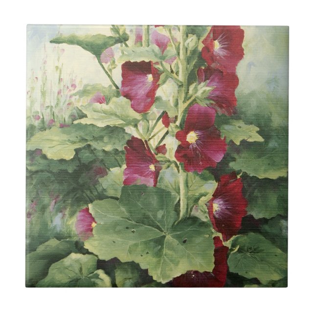 0536 Burgundy Hollyhocks Tile Kakelplatta (Framsidan)