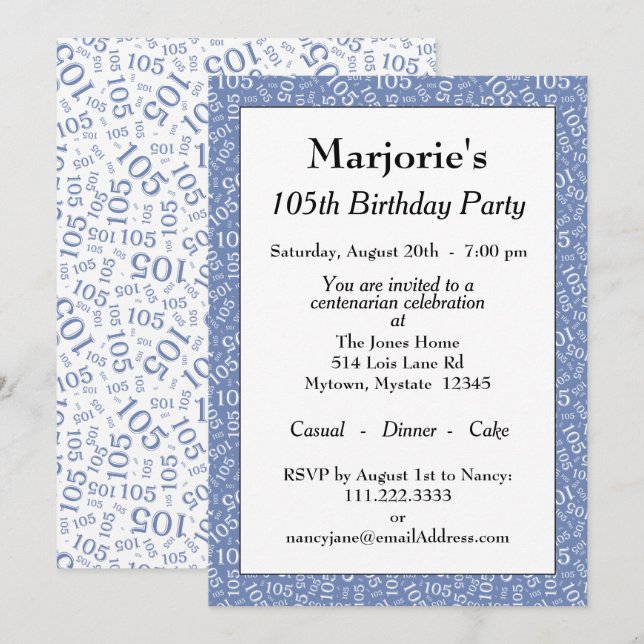05:e Födelsedagsfestens blå/vita nummer Mönster Inbjudningar (Fram/baksida)