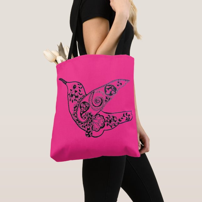 071 - Rosa Red Hummingbird Tote Bag Tygkasse (Närbild)