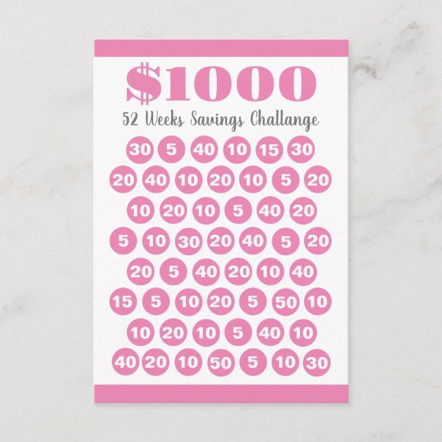 1000 Besparingar utmana Rosa 52 veckor Infoga kort (Framsida)