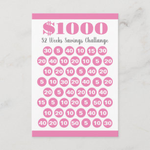 1000 Besparingar utmana Rosa 52 veckor Infoga kort