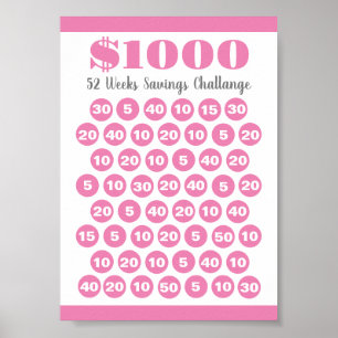 1000 Besparingar utmana Rosa 52 veckors utskrift Poster