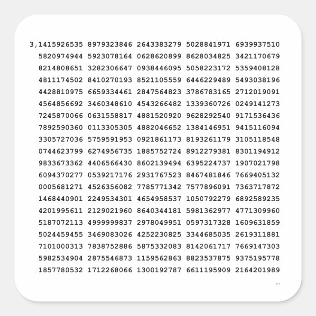 1000 första siffran Pi-nummer | Matematisk symbol Fyrkantigt Klistermärke (Framsida)