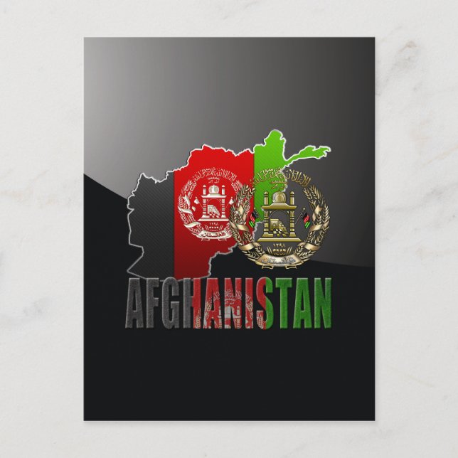 [100] Afghanistan: COA, Flagga och Karta Vykort (Framsida)