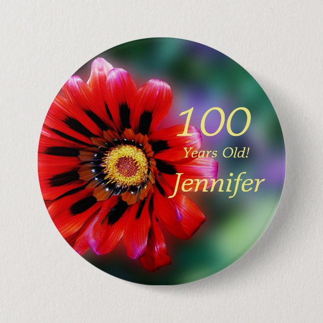 100 år gammal, vivid Red Gazania Flower Button Pin Knapp (Framsida)