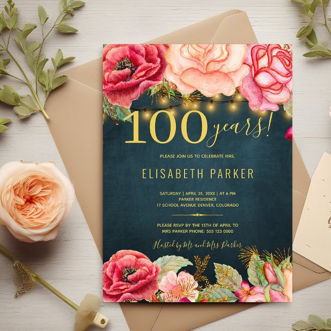 100 års blommigt elegant 100:e födelsedagsfesten inbjudningar (Skapare uppladdad)