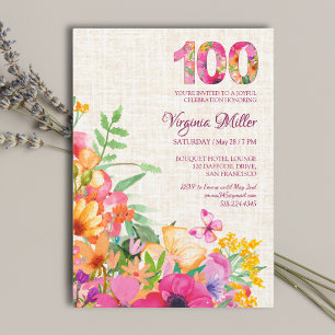 100 års Blommor Blommigt Linen 100:e födelsedagen Inbjudningar