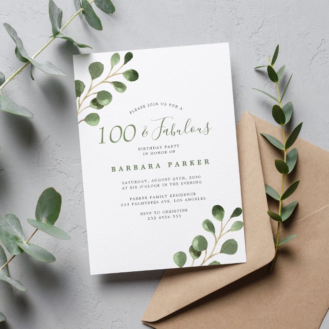 100-års eucalyptus enkel elegant fest inbjudningar (Skapare uppladdad)