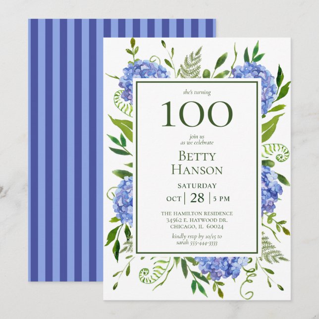 100-års födelsedags Blå Hydrangeor Inbjudningar (Fram/baksida)