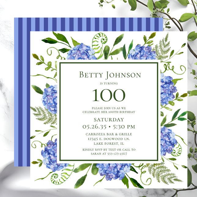 100-års födelsedags Blå Hydrangeor Inbjudningar (Skapare uppladdad)