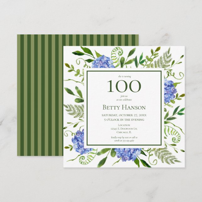 100-års födelsedags Blå Hydrangeor Inbjudningar (Fram/baksida)