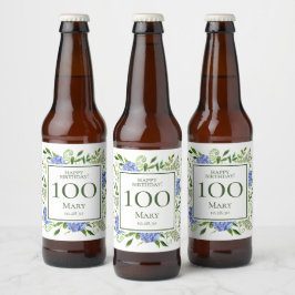 100-års födelsedags Blå Hydrangeor Ölflaska Etikett