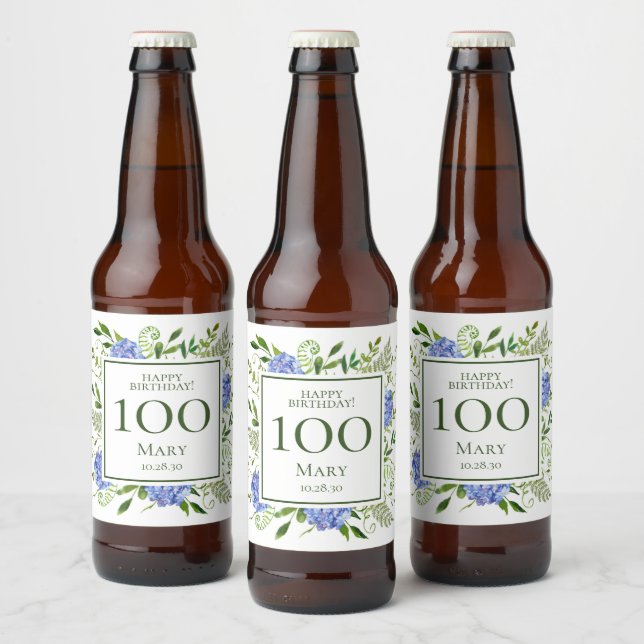 100-års födelsedags Blå Hydrangeor Ölflaska Etikett (Flaskor)