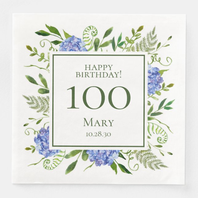 100-års födelsedags Blå Hydrangeor Pappersservett (Framsida)