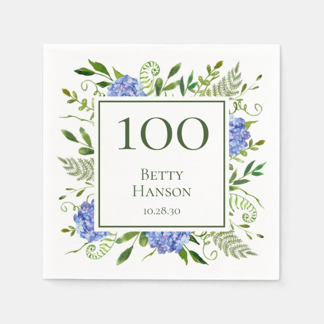 100-års födelsedags Blå Hydrangeor Pappersservett (Framsidan)