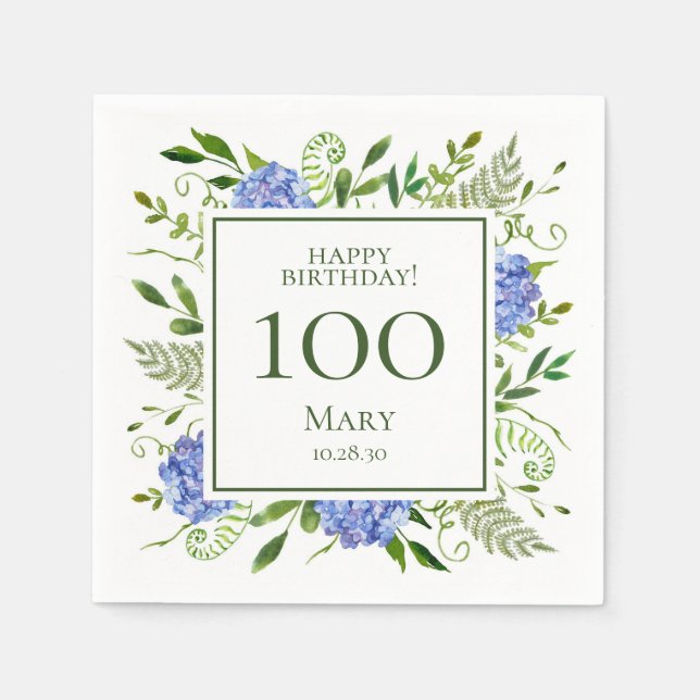 100-års födelsedags Blå Hydrangeor Pappersservett (Framsidan)