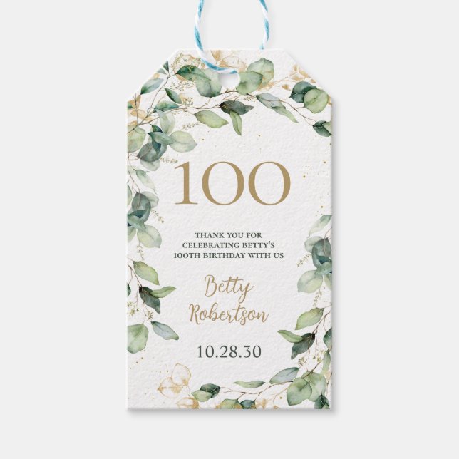 100-års födelsedags Eukalyptus Tack Presentetikett (Framsidan)