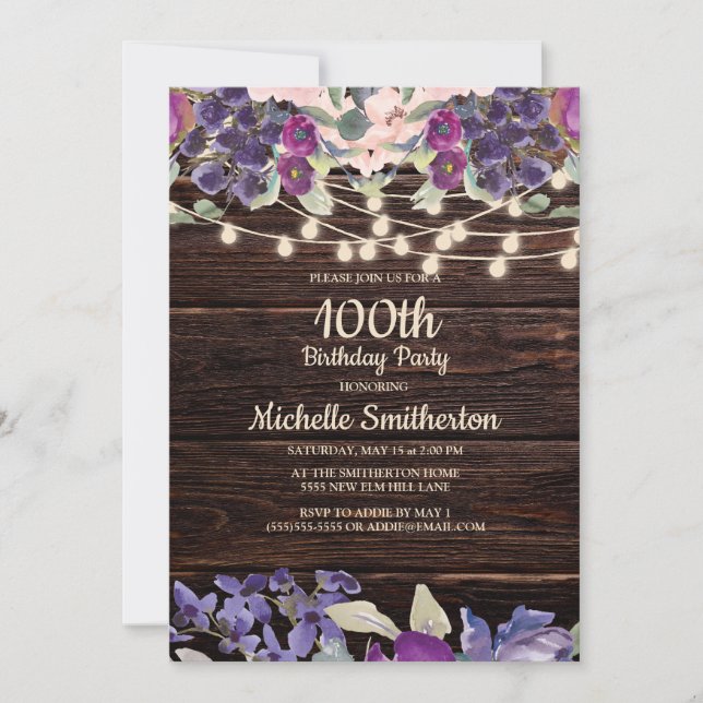 100-års födelsedags rustic stränglampa lila blommi inbjudningar (Framsida)