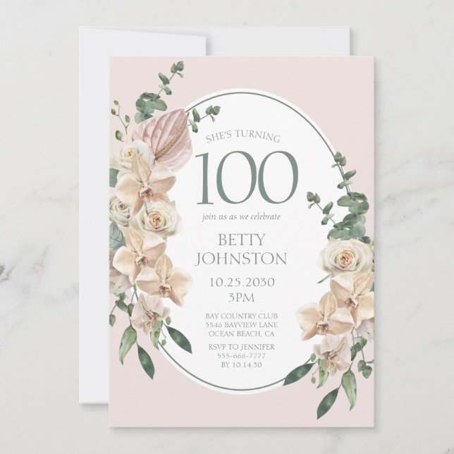 100-års födelsedags tropisk blomster inbjudningar (Framsida)