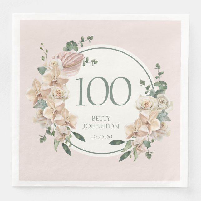 100-års födelsedags tropisk blomster pappersservett (Framsida)