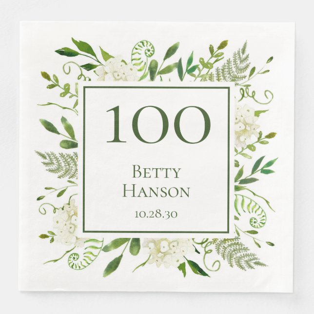 100-års födelsedags vita hydrangeor pappersservett (Framsida)