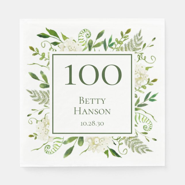 100-års födelsedags vita hydrangeor pappersservett (Framsidan)