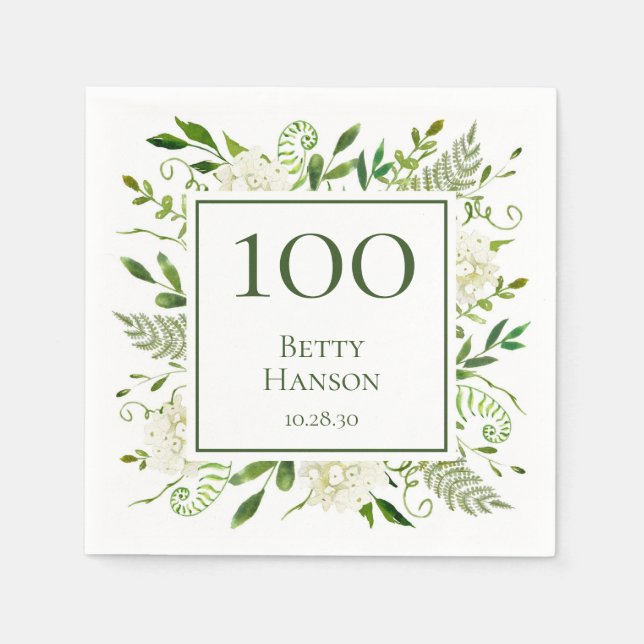 100-års födelsedags vita hydrangeor pappersservett (Framsidan)