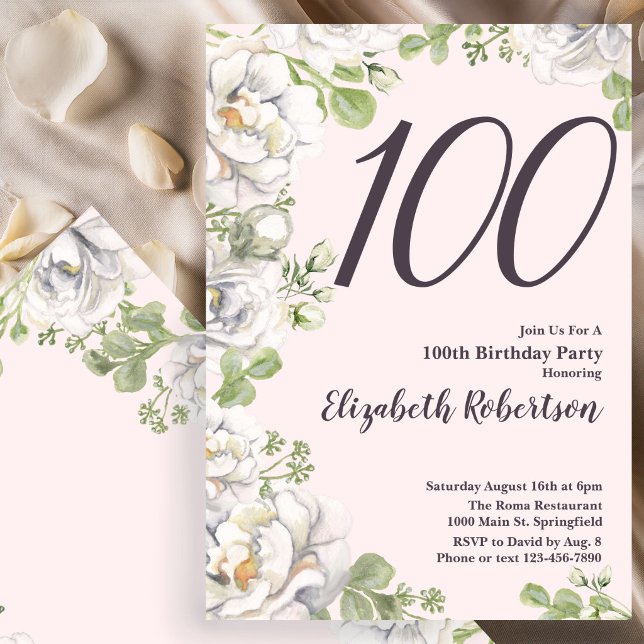 100-års födelsedagsinbjudan Blush Rosa Blommande P Inbjudningar (Skapare uppladdad)