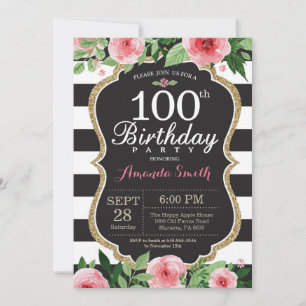 100-års födelsedagsinbjudan för kvinnor. Blommig g Inbjudningar