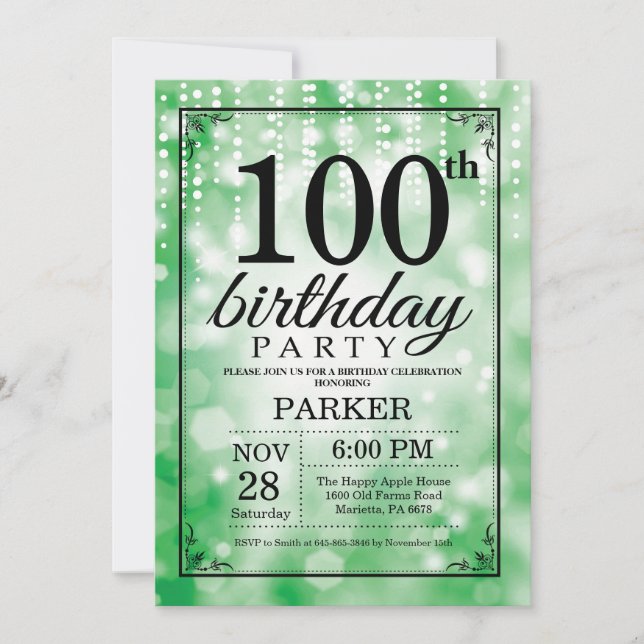 100-års födelsedagsinbjudan Grön glitter Inbjudningar (Framsida)