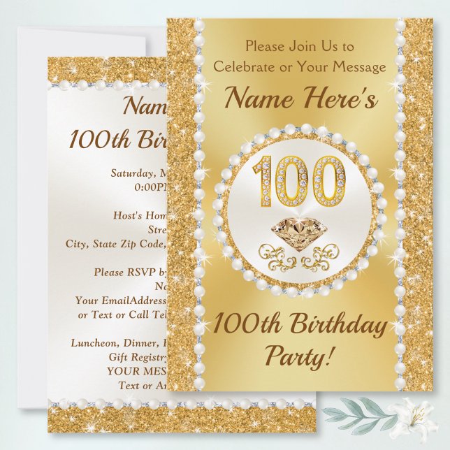 100-års Födelsedagsinbjudningar, Underbara Personl Inbjudningar (100th birthday party invitations. Personalized 100th birthday invites for 100th birthday supplies.)