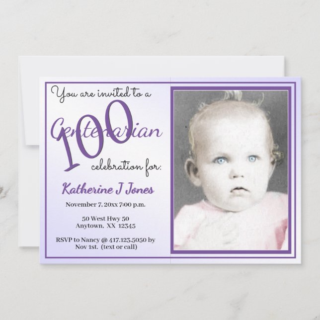 100 års hundraårsjubileum Lila Födelsedagsfest/vit Inbjudningar (Framsida)