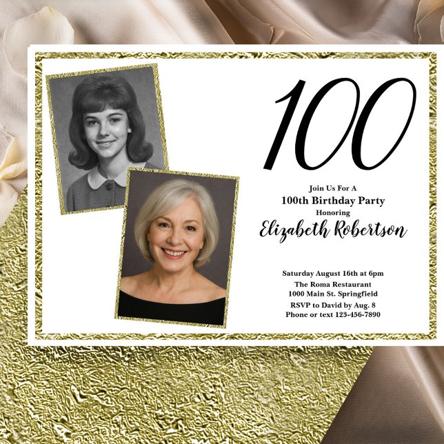 100-års skräddarsydd foto vit och guld  inbjudningar (Skapare uppladdad)