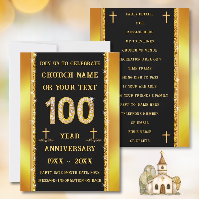 100-årsdag för kyrkan, STUNNING Diamond Inbjudningar (100 year church anniversary invitations. Black and Gold, 100th church anniversary. )