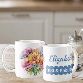 100-årsdag namn gerbera blommor blå kaffemugg