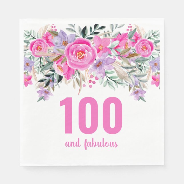 100-årsdag rosa blommigt party-servetter pappersservett (Framsidan)