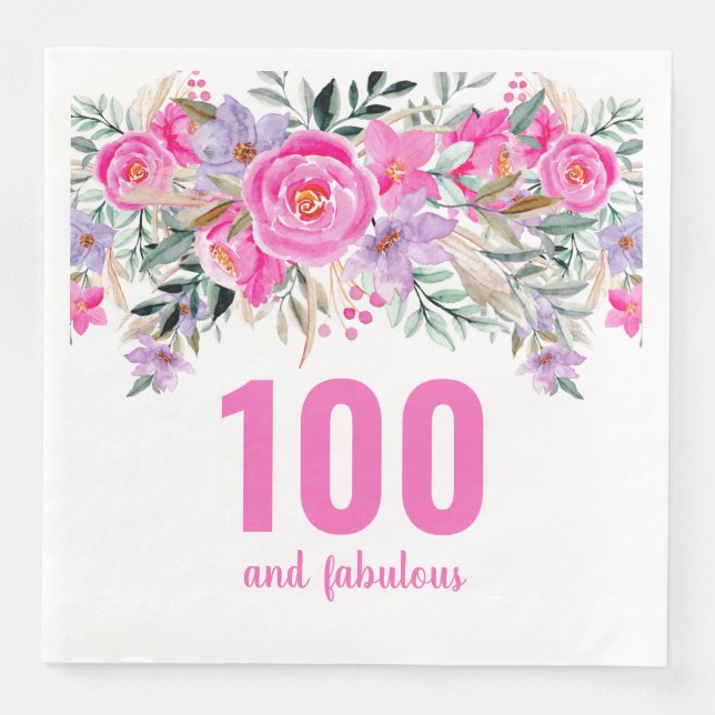 100-årsdag rosa blommigt party-servetter pappersservett (Framsida)