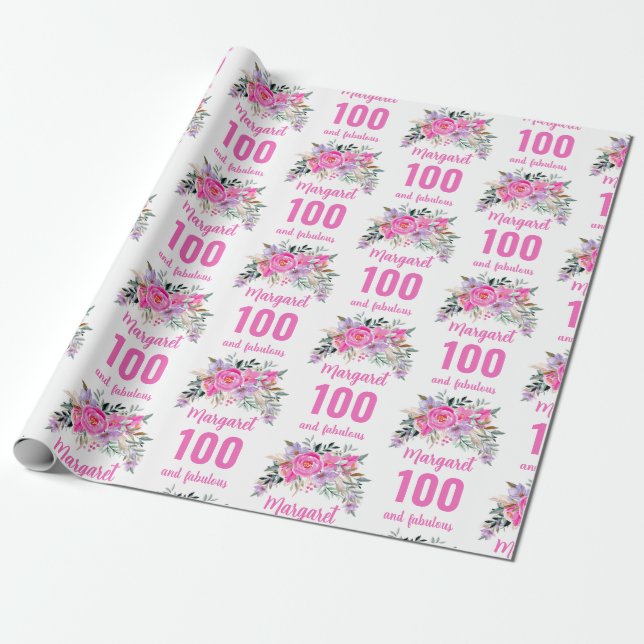 100-årsdag rosa blommigt presentpapper (Utrullad)