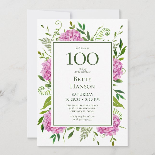 100-årsdag Rosa Hydrangeas Kortförfrågan  Inbjudningar (Framsida)