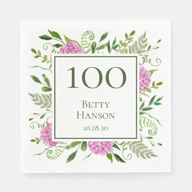 100-årsdag Rosa Hydrangeor Pappersservett (Framsidan)