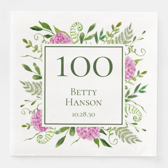 100-årsdag Rosa Hydrangeor Pappersservett (Framsida)