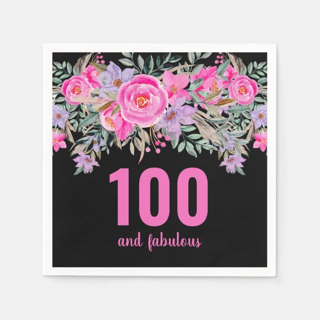 100-årsdag rosa svartvita blöjor av blommigt party pappersservett (Framsidan)