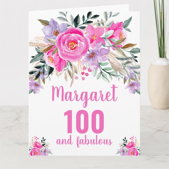 100-årsdag rosa vattenfärg blommig  kort (Framsida)